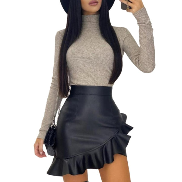 Trendy Leather Ruffle Asymmetric Women Mini High Waist Skirt - TrendsetterbyTracy Boutique
