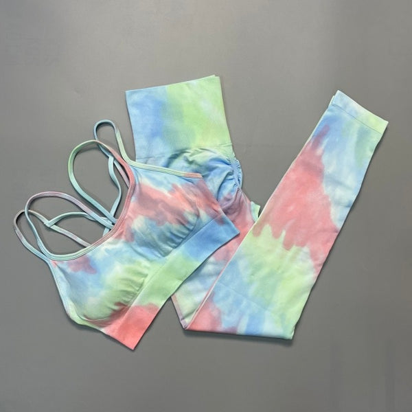 Trendy Tie Dye Sporty High Waist Seamless Leggings And Cropped Bra Set - TrendsetterbyTracy Boutique