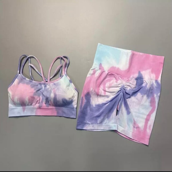 Trendy Tie Dye Sporty High Waist Seamless Leggings And Cropped Bra Set - TrendsetterbyTracy Boutique