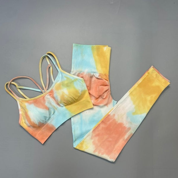 Trendy Tie Dye Sporty High Waist Seamless Leggings And Cropped Bra Set - TrendsetterbyTracy Boutique