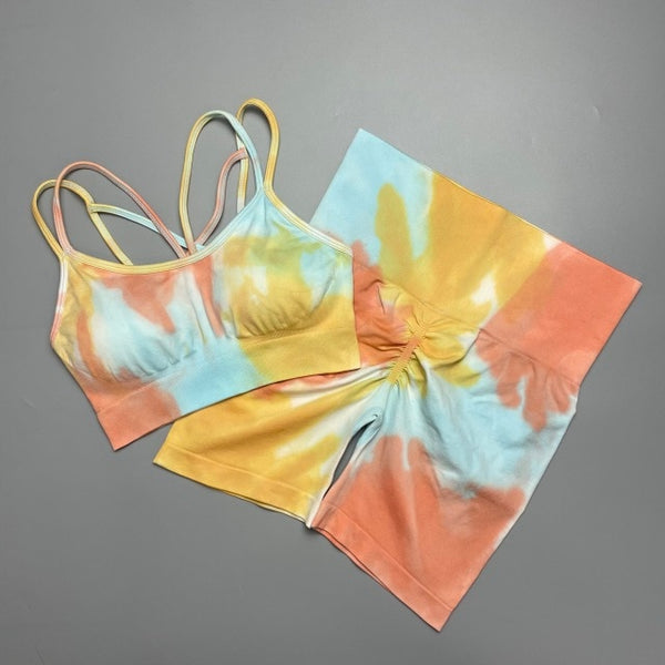 Trendy Tie Dye Sporty High Waist Seamless Leggings And Cropped Bra Set - TrendsetterbyTracy Boutique