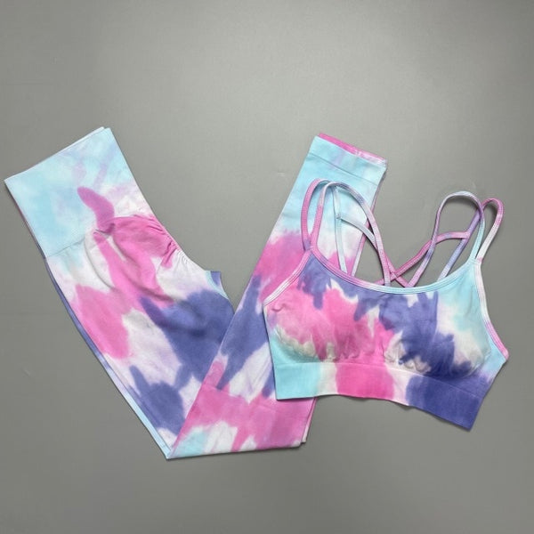 Trendy Tie Dye Sporty High Waist Seamless Leggings And Cropped Bra Set - TrendsetterbyTracy Boutique