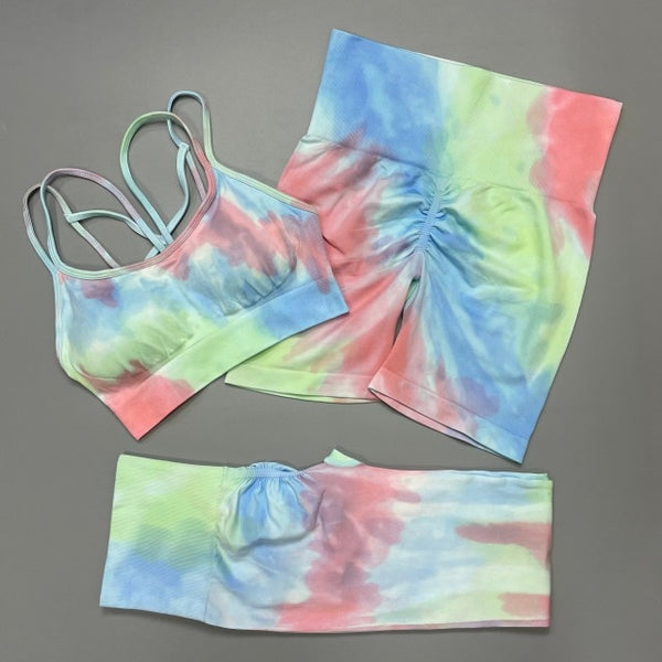 Trendy Tie Dye Sporty High Waist Seamless Leggings And Cropped Bra Set - TrendsetterbyTracy Boutique