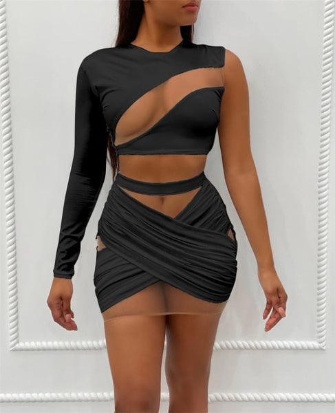 Trendy Mesh Shoulder Crop Top and Bandage Skirt Set - TrendsetterbyTracy Boutique