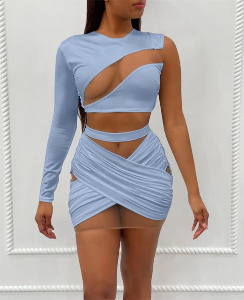 Trendy Mesh Shoulder Crop Top and Bandage Skirt Set - TrendsetterbyTracy Boutique