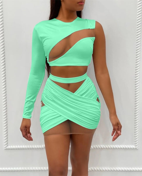 Trendy Mesh Shoulder Crop Top and Bandage Skirt Set - TrendsetterbyTracy Boutique