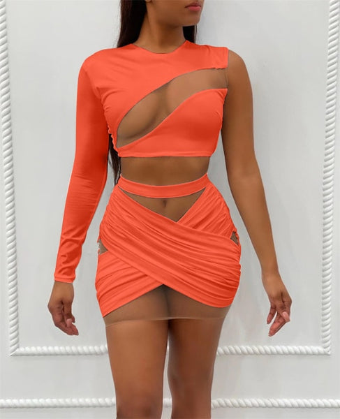 Trendy Mesh Shoulder Crop Top and Bandage Skirt Set - TrendsetterbyTracy Boutique