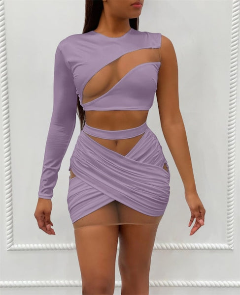 Trendy Mesh Shoulder Crop Top and Bandage Skirt Set - TrendsetterbyTracy Boutique
