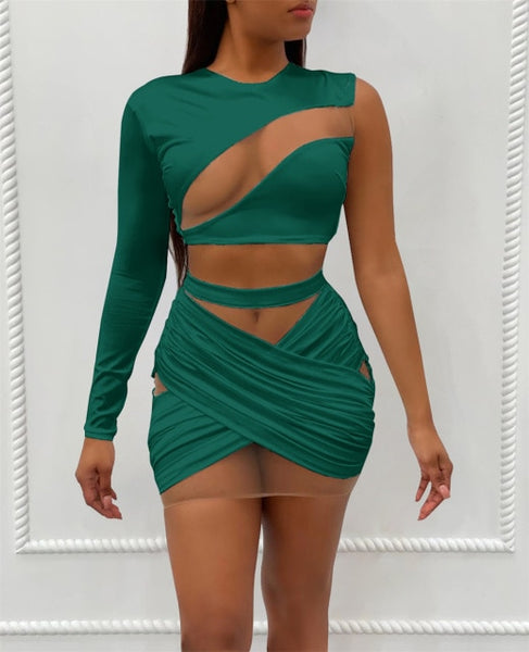 Trendy Mesh Shoulder Crop Top and Bandage Skirt Set - TrendsetterbyTracy Boutique