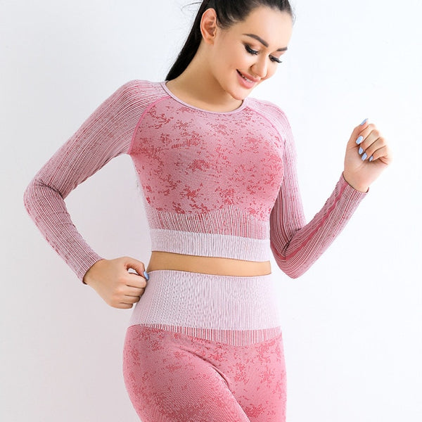 Trendy Seamless Yoga Long Sleeve Crop Top And Leggings Set - TrendsetterbyTracy Boutique