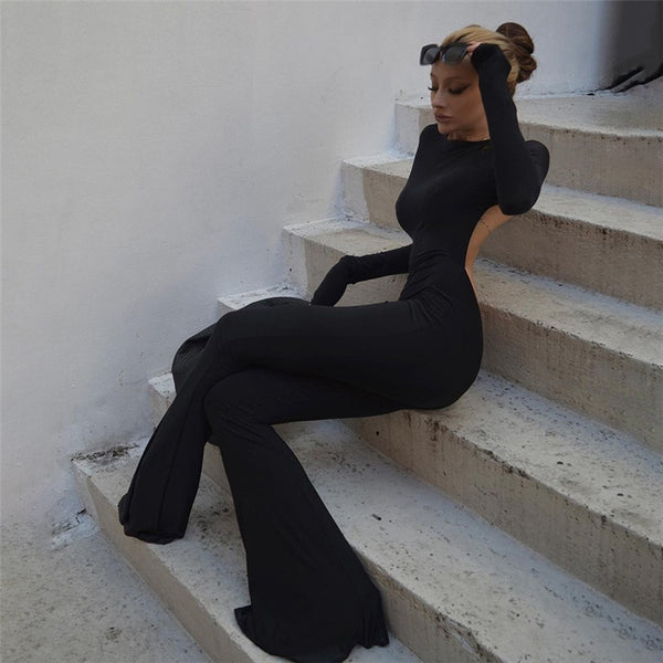 Trendy Black Sexy Backless Flare Pants Jumpsuits - TrendsetterbyTracy Boutique