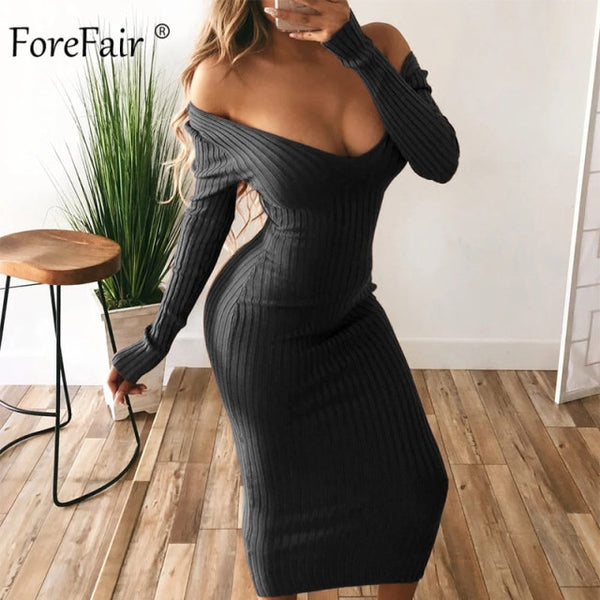 Trendy Long Sleeve  Solid Color Low Cut Long Knitted Dress - TrendsetterbyTracy Boutique