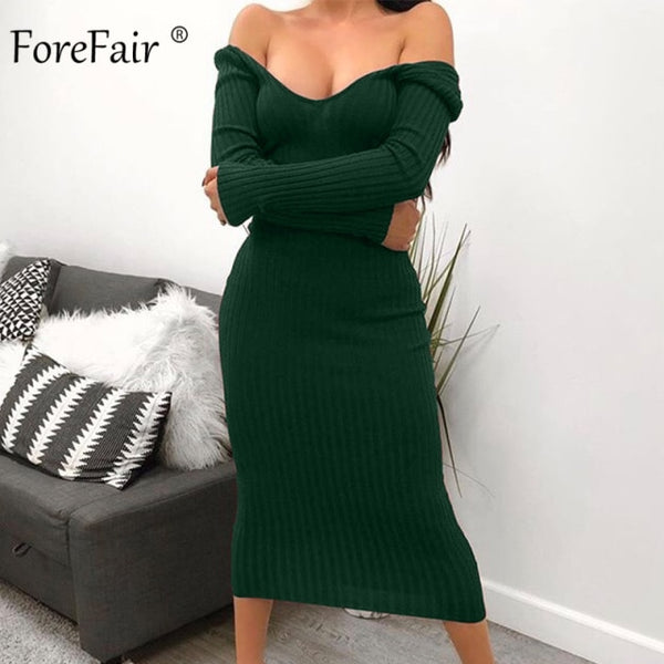 Trendy Long Sleeve  Solid Color Low Cut Long Knitted Dress - TrendsetterbyTracy Boutique