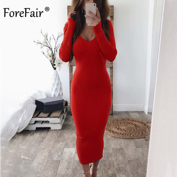 Trendy Long Sleeve  Solid Color Low Cut Long Knitted Dress - TrendsetterbyTracy Boutique