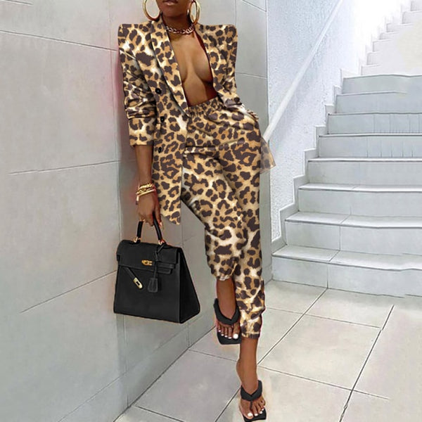 Trendy Animal Print Two Piece Blazer Jacket With Pants Set - TrendsetterbyTracy Boutique