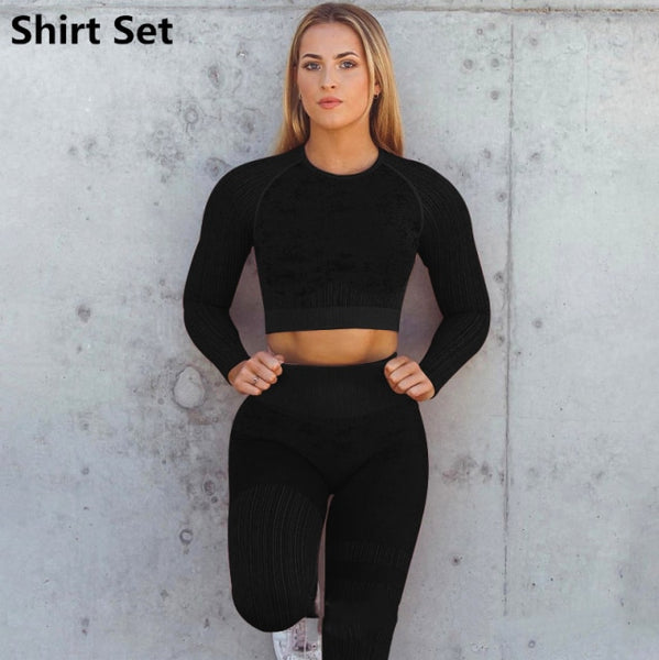 Trendy Seamless Yoga Long Sleeve Crop Top And Leggings Set - TrendsetterbyTracy Boutique