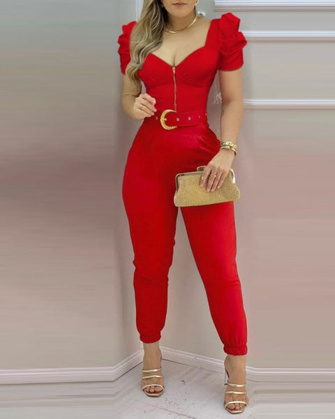 Trendy Puffed Sleeve Jumpsuit With Belt - TrendsetterbyTracy Boutique