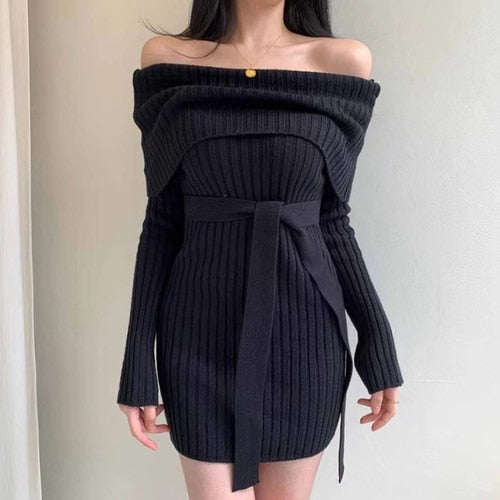 Trendy Long Sleeve Knitted Folded Down Collar Sweater Dress With Belt - TrendsetterbyTracy Boutique