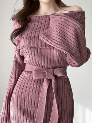 Trendy Long Sleeve Knitted Folded Down Collar Sweater Dress With Belt - TrendsetterbyTracy Boutique