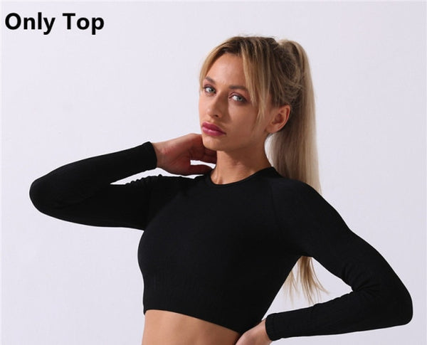 Trendy Seamless Yoga Long Sleeve Crop Top And Leggings Set - TrendsetterbyTracy Boutique