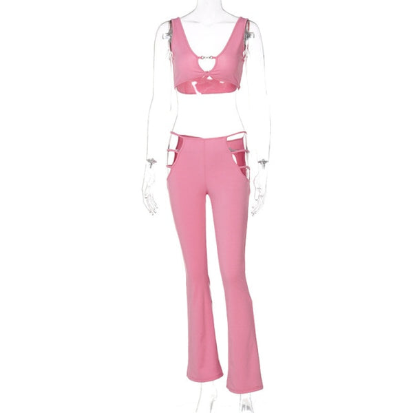 Trendy Cutout Flare Crop Top And Pants Set - TrendsetterbyTracy Boutique