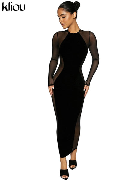 Trendy Black Mesh Velvet Maxi Dress - TrendsetterbyTracy Boutique