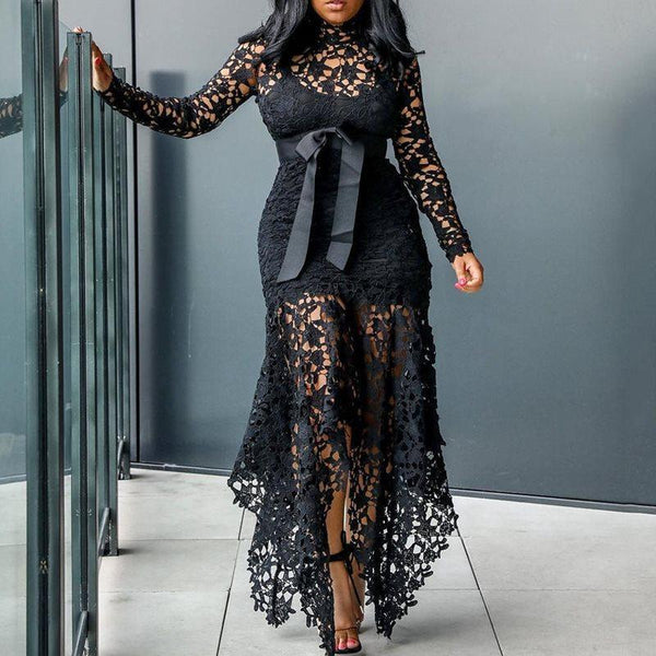 Trendy  Mesh Hollow Lace Long Sleeve Dress - TrendsetterbyTracy Boutique