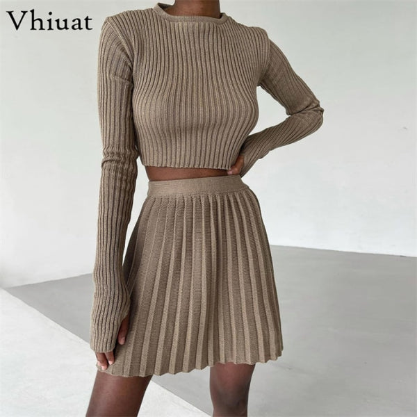 Trendy Winter Knitted Pleated Crop Top And Skirt Set - TrendsetterbyTracy Boutique