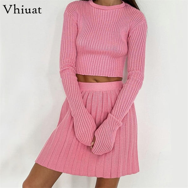 Trendy Winter Knitted Pleated Crop Top And Skirt Set - TrendsetterbyTracy Boutique