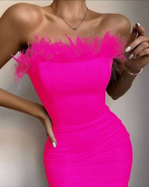 Trendy Bandage Strapless Feather Dress - TrendsetterbyTracy Boutique